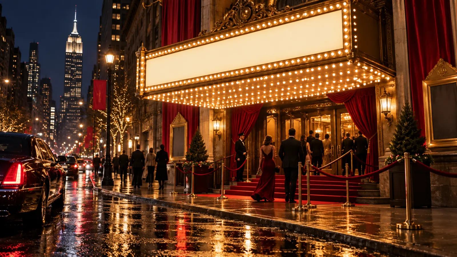 Theatergoers arriving beneath glowing Broadway marquee lights on a rainy New York night.