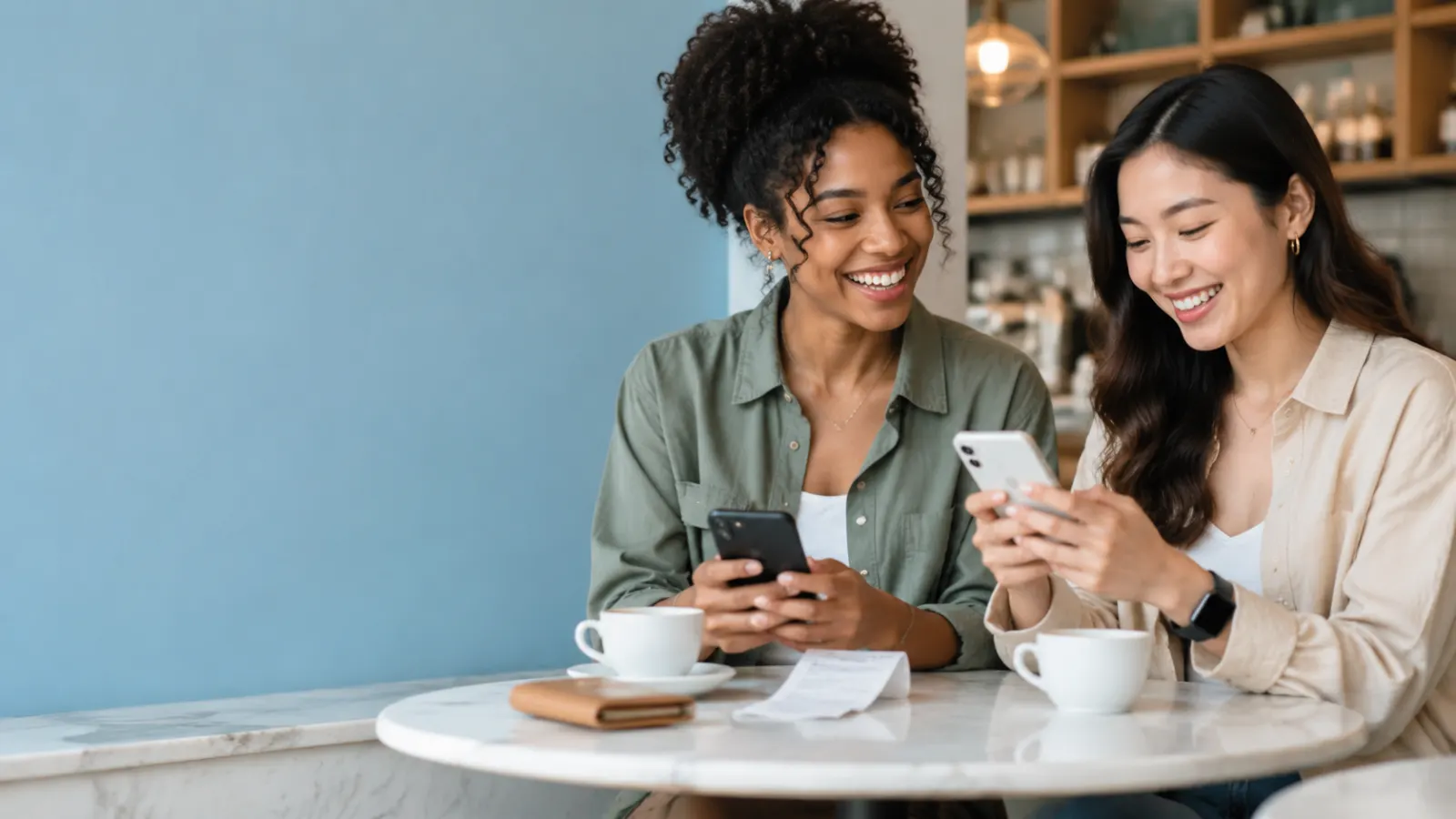 Friends laughing while sending mobile payments after sharing a café bill