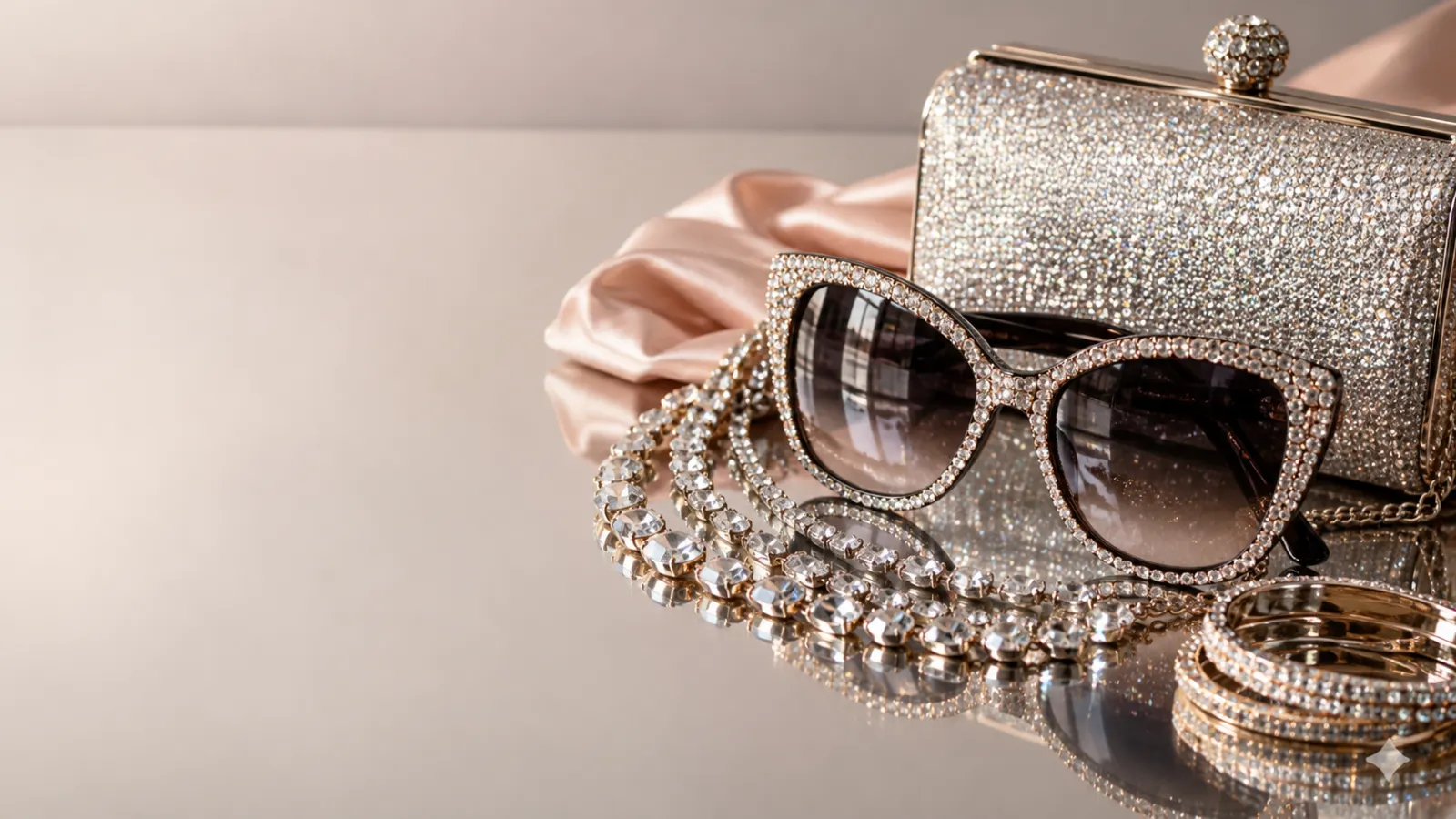 Crystal jewelry, rhinestone sunglasses, and a silver clutch on a mirrored surface