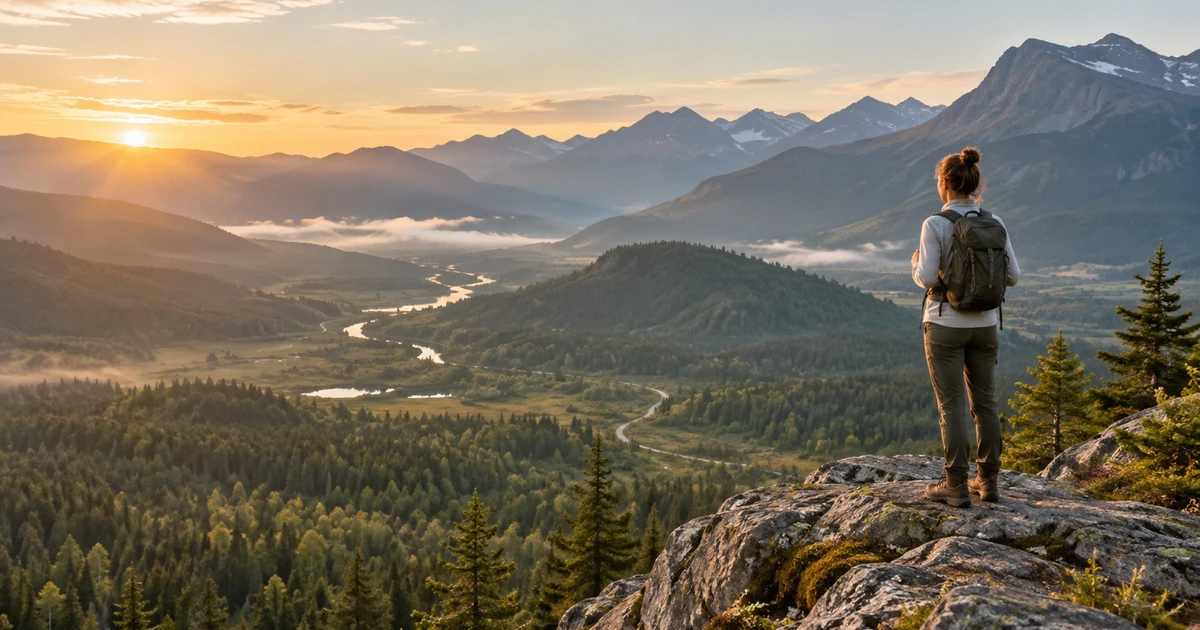 Traveler overlooking a green mountain valley at sunrise while exploring a scenic trail