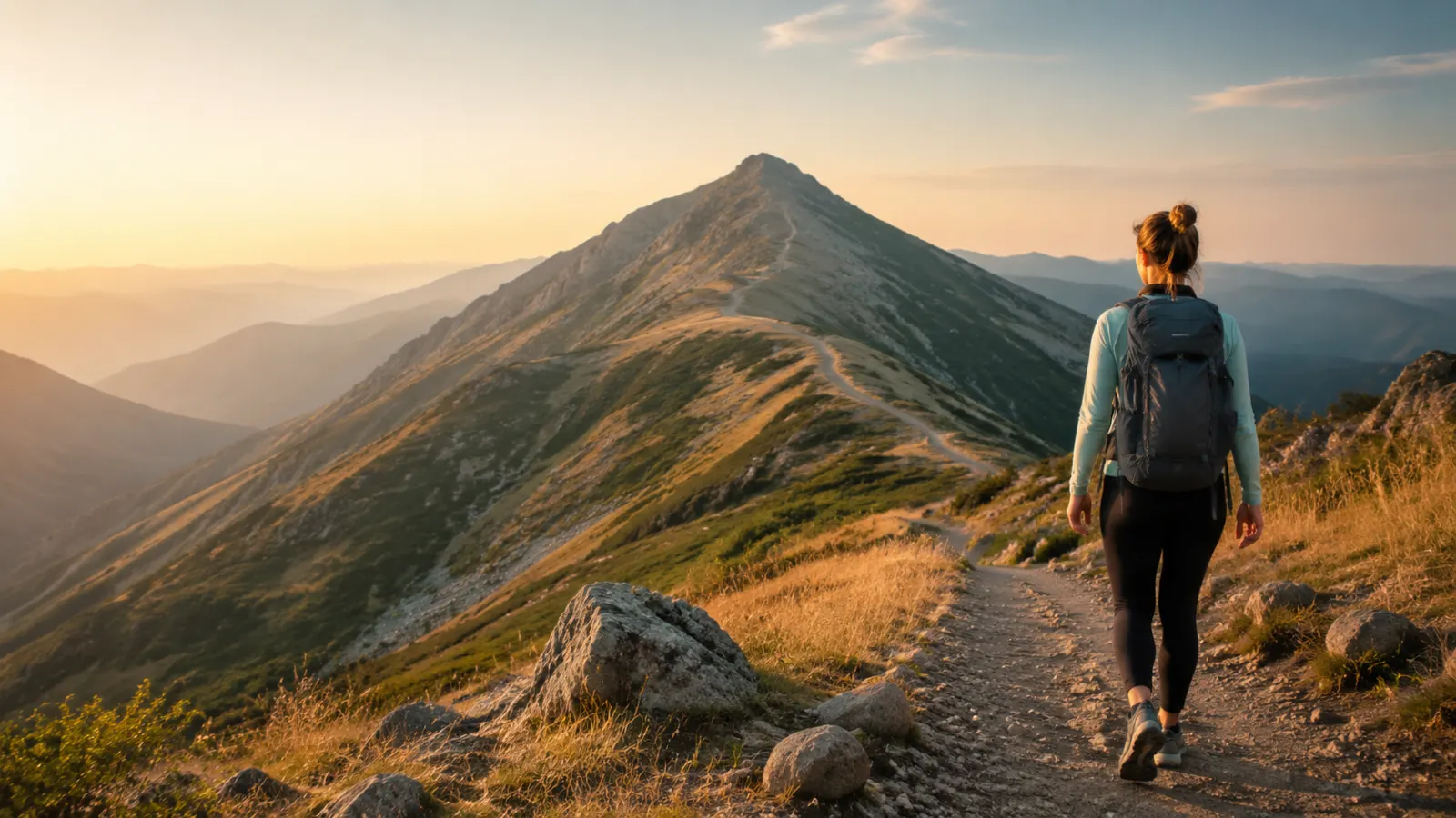 Woman hiking toward a mountain summit at sunrise for never give up captions