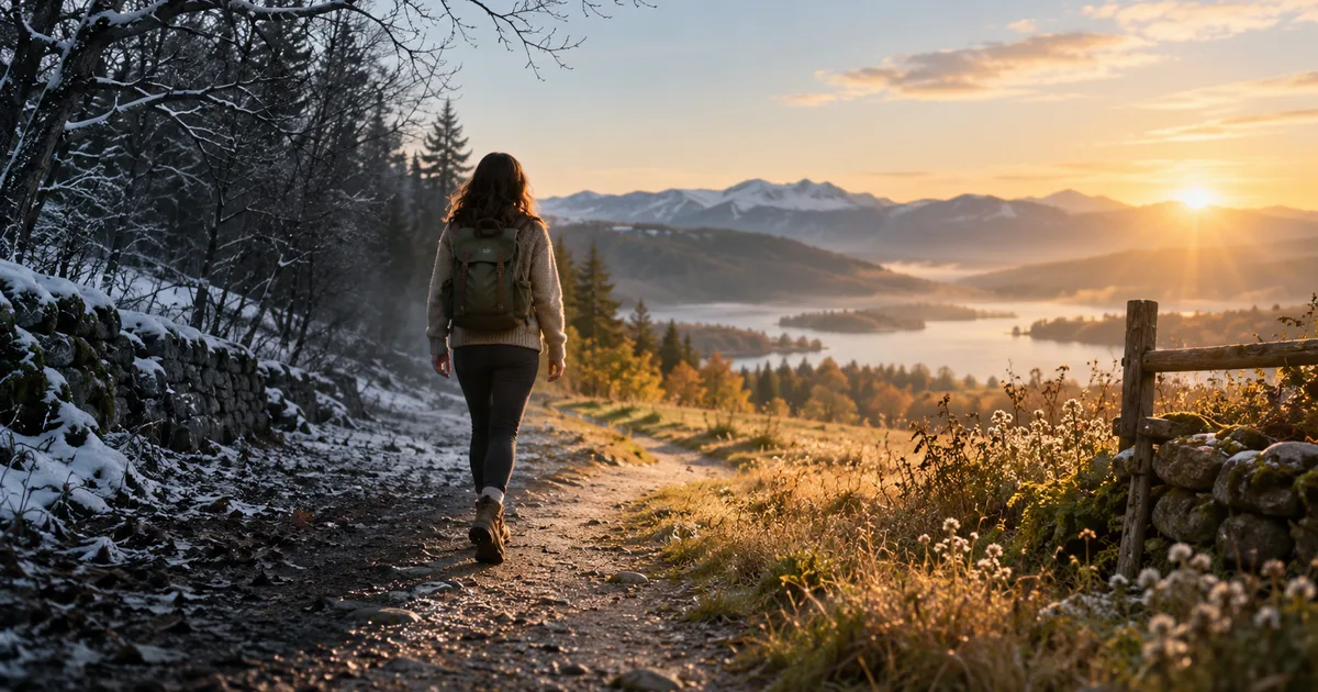 Person walking from a snowy path toward a sunlit landscape, representing change and a hopeful new beginning.