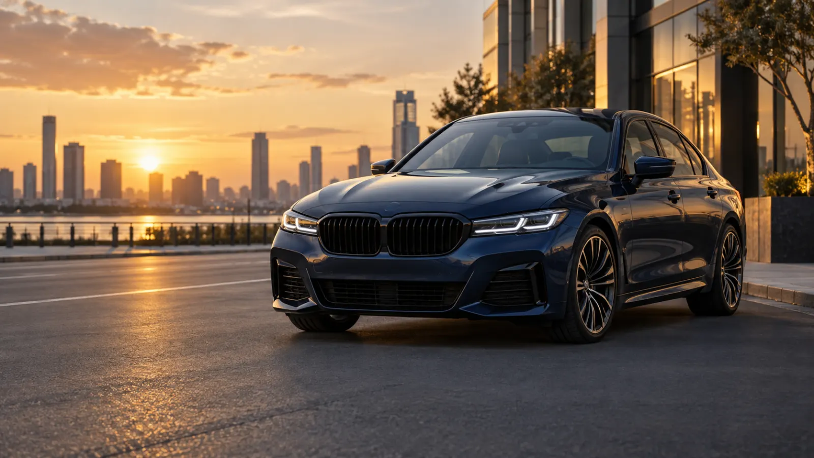 Dark blue luxury sports sedan parked beside a modern city skyline at sunset